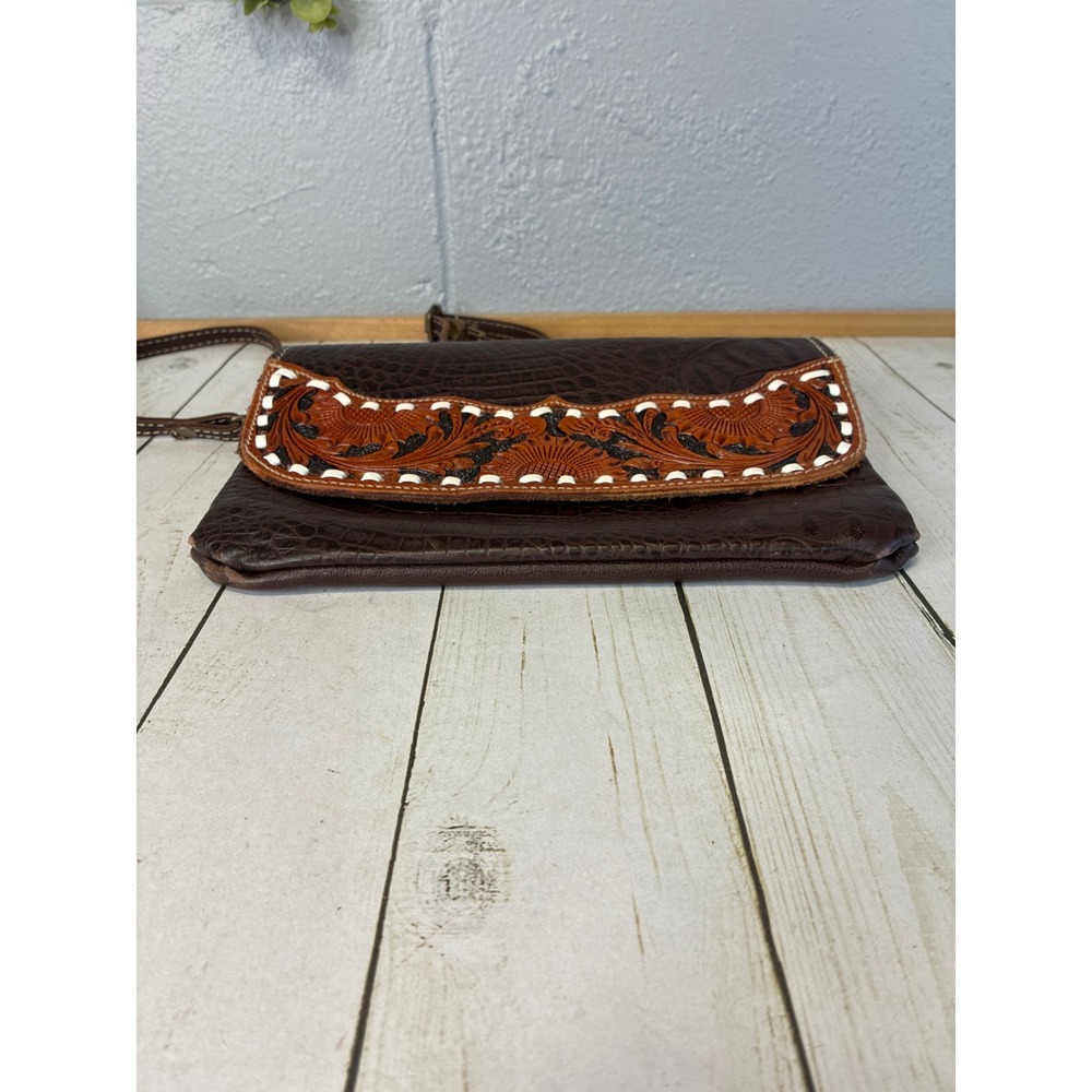 Myra Bag Brown Croco Leather Tooled Floral Crossbody Bag Sunflower Whipstitch - Picture 5 of 9